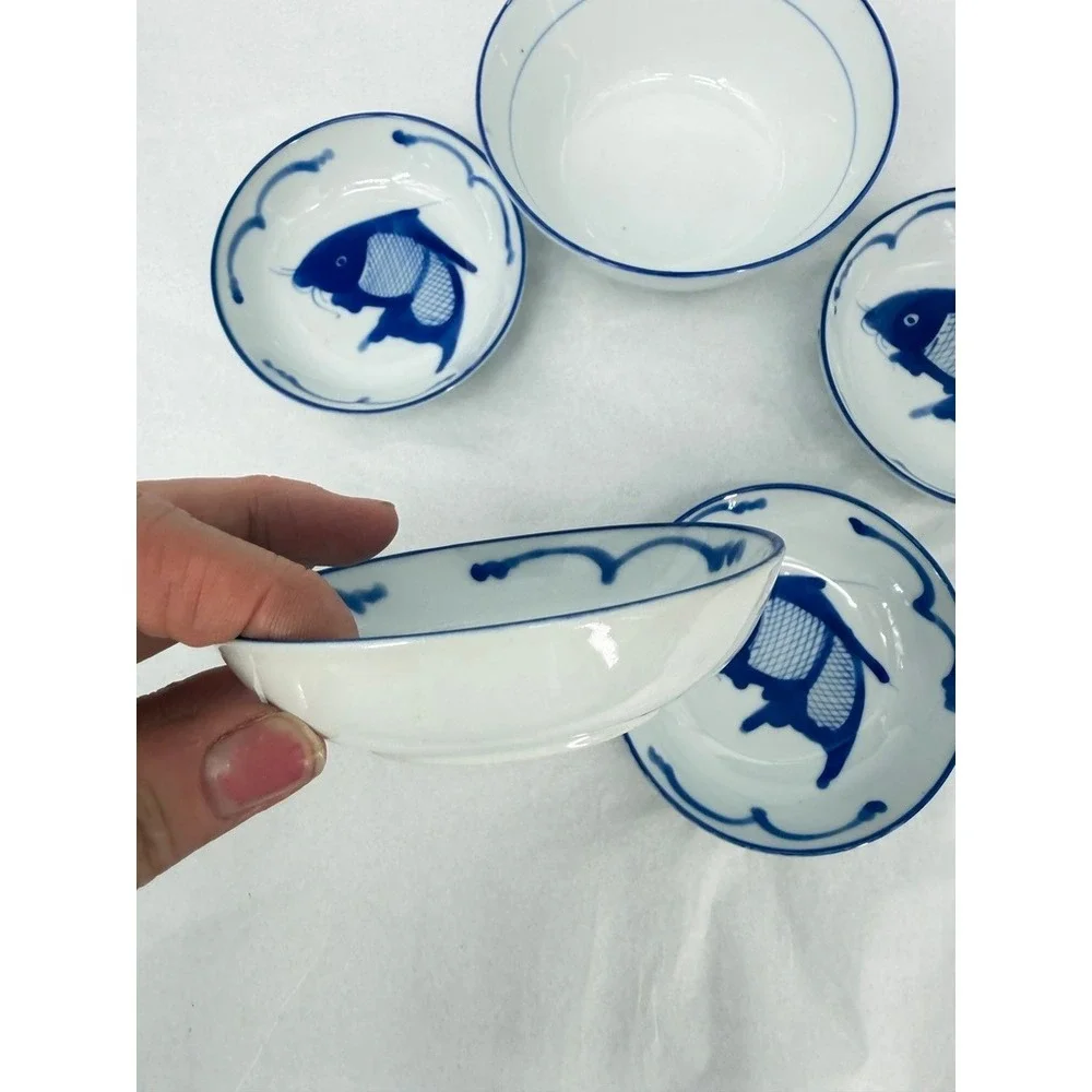 Chinese Koi Fish Carp Ceramic Rice Dipping Bowl SET of 5 Piece Asian Serverware